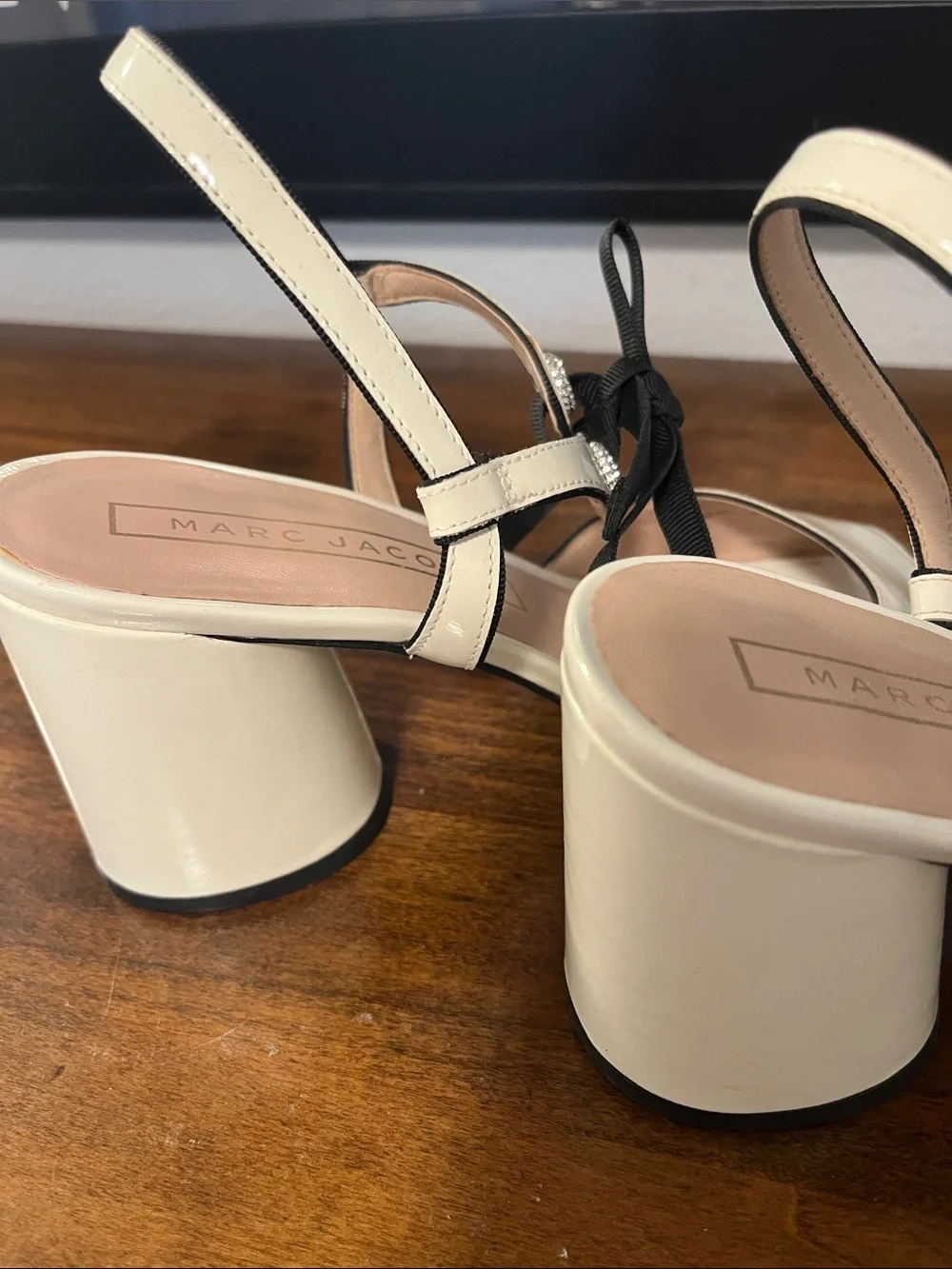 Marc Jacobs Cream Patent Slingback Sandals with Black Ribbon Bow